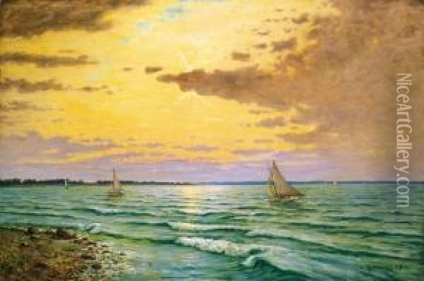 Sailing Boats On Lake Balaton (waving Lake Balaton) Oil Painting - Mark Rubovics