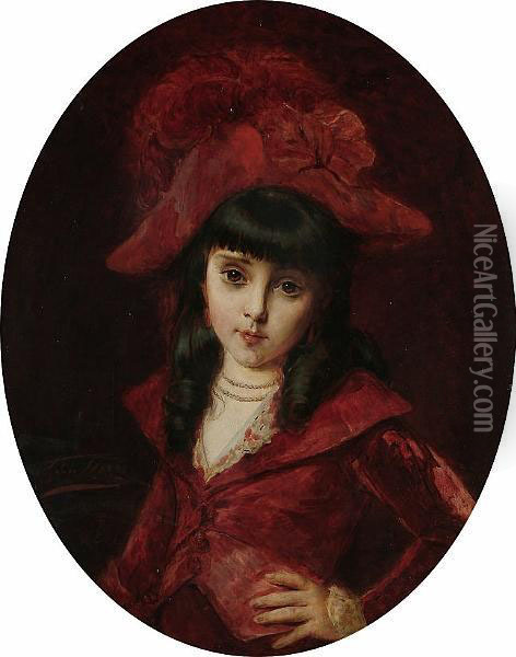Portrait Of A Girl In Red Oil Painting - Leon Herbo