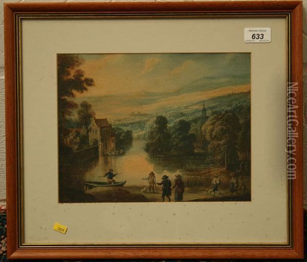 View Of Figures Beside A River Oil Painting - Thomas Coke Ruckle