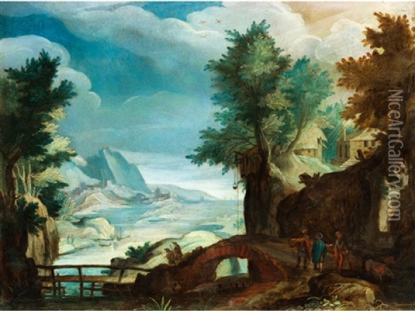 Landschaft Mit Flusslauf, Steinbrucke, Gebauden Und Figurenstaffage Oil Painting - Paul Bril