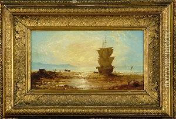 A Sailing Ship Unloading On A Beach At Sunrise. Oil Painting - John H. Wilson