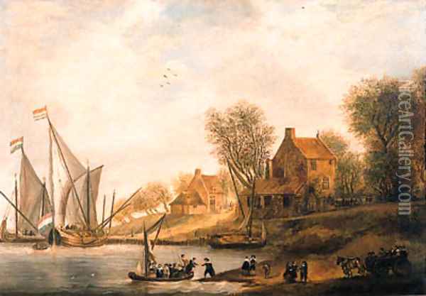 A wooded river landscape with townsfolk disembarking Oil Painting - Salomon van Ruysdael