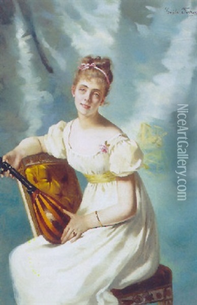 Portraet Af Siddende Ung Kvinde Med Mandolin Oil Painting - Cecile (Mme. Guerin) Ferrere