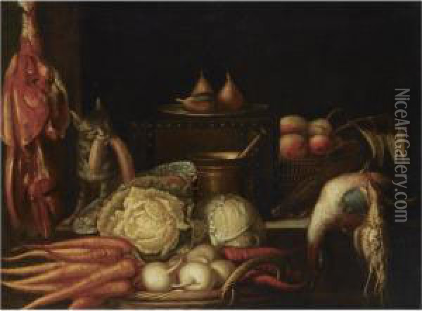A Kitchen Still Life With Carrots, A Cabbage And Turnip Radishes, With A Copper Pot, Dead Poultry And A Leg Of Ham Suspended From A Hook, Together With A Cat Stealing A String Of Sausages Oil Painting - Abraham Van Blyenberch