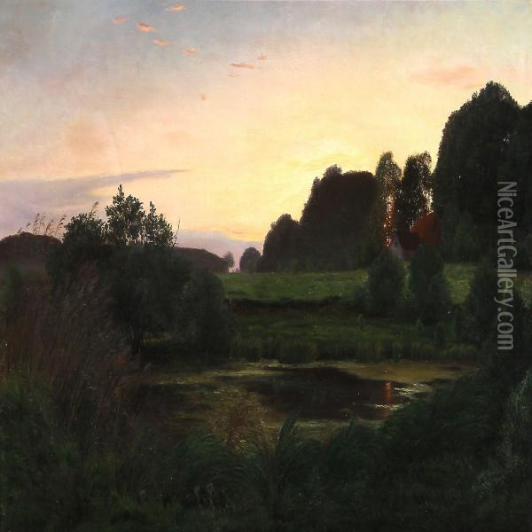 Danish Summer Landscape At Sunset Oil Painting - Carsten Henrichsen