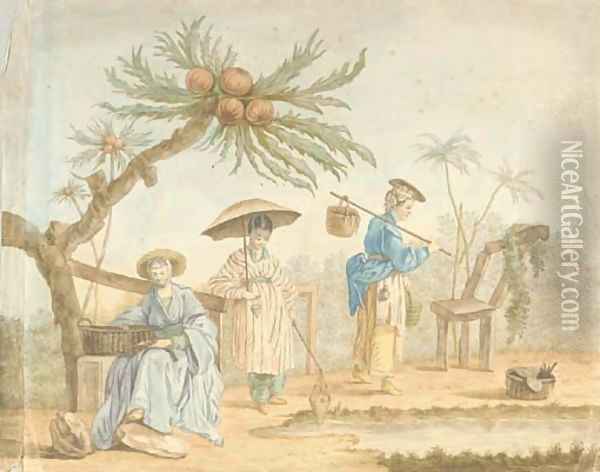 Three women in oriental costume beneath an exotic tree Oil Painting - Jean Baptiste Leprince