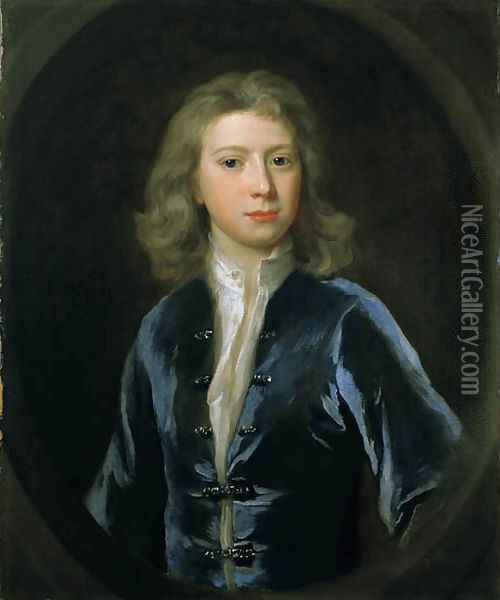 Portrait of a young man, identified as Jonathan Richardson, Jnr., half-length in a blue jacket Oil Painting - Jonathan Richardson
