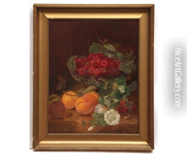 Still Life Study Of Raspberries In In Glass Dish With Peaches On A Wooden Ledge Oil Painting - Eloise Harriet Stannard