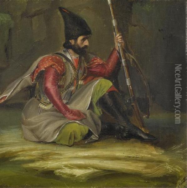Recliningwarrior. Oil Painting - Martinus Rorbye
