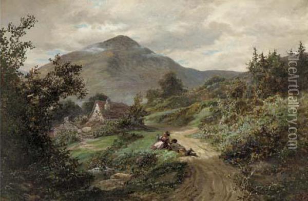 Children On A Track In A Welsh Landscape Oil Painting - J Galt