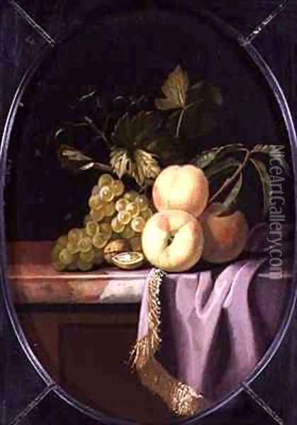 Peaches Grapes and Walnuts on a Draped Ledge Oil Painting - Isaak Denies