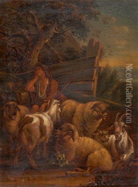 Hirtin Mit Ihrer Ziegen- Und Schafherde Oil Painting - Heinrich Hirzel