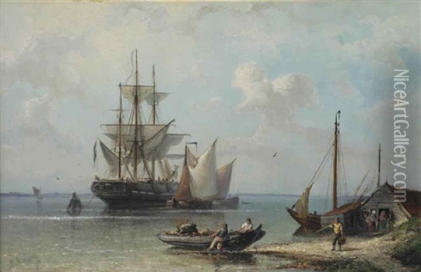 A Moored Three-master Near The Dutch Coast Oil Painting - Nicolaas Riegen