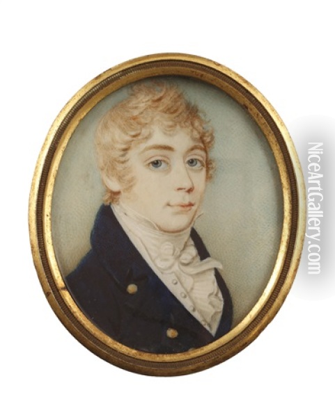 A Young Gentleman, Wearing Blue Coat, White Waistcoat, Frilled Chemise, Stock And Tied Cravat Oil Painting - Charles Jagger