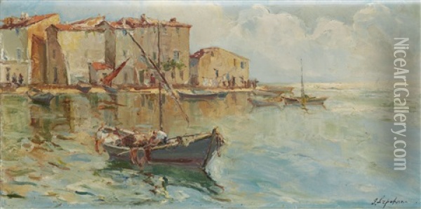 Barque A Saint Tropez Oil Painting - Georgi Alexandrovich Lapchine
