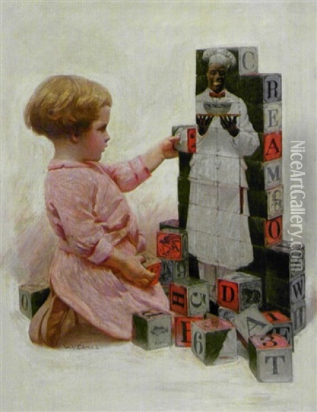 Building With Blocks Oil Painting - William V. Cahill