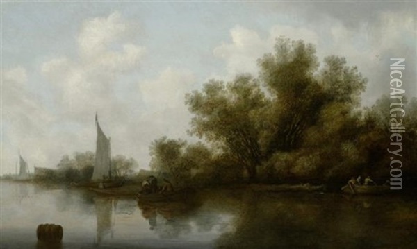 Flusslandschaft Mit Segelschiffen Und Fischern Im Vordergrund Oil Painting - Salomon van Ruysdael