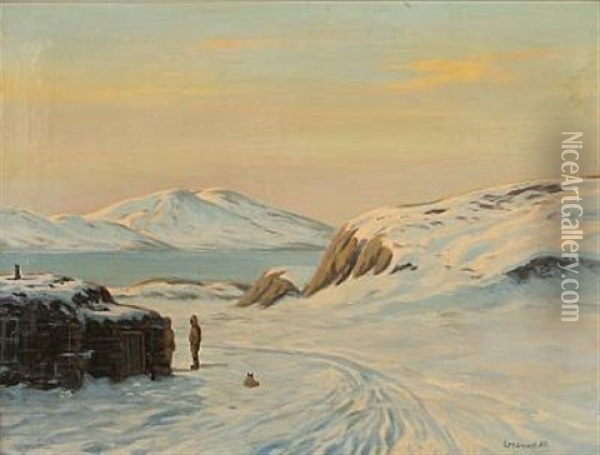 Vinterdag, Christianshaab, Greenland Oil Painting - Emanuel A. Petersen