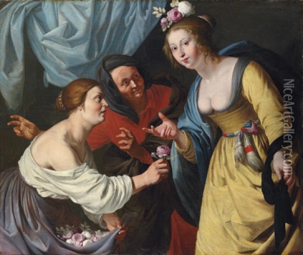 An Allegory Of Youth And Old Age - A Lady Offering Flowers To A Young Woman, With An Elderly Lady Beyond Oil Painting - Aelbert Jansz van der Schoor