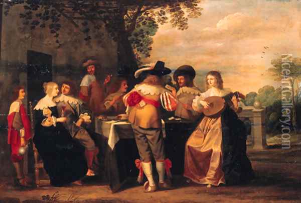 Elegant company merrymaking on a terrace Oil Painting - Christoffel Jacobsz van der Lamen