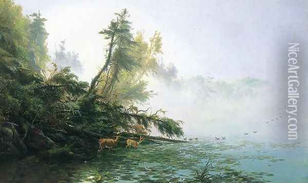 Misty Morning on Racket Lake Oil Painting - James McDougal Hart
