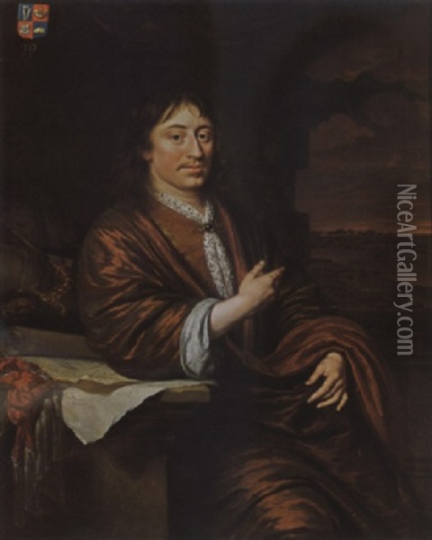 A Portrait Of Gerard Pietersz Hulft, Wearing A Red Overcoat Over A Yellow Suit With A White Lace Chabot, Leaning On A Pedestal Oil Painting - Michiel van Musscher