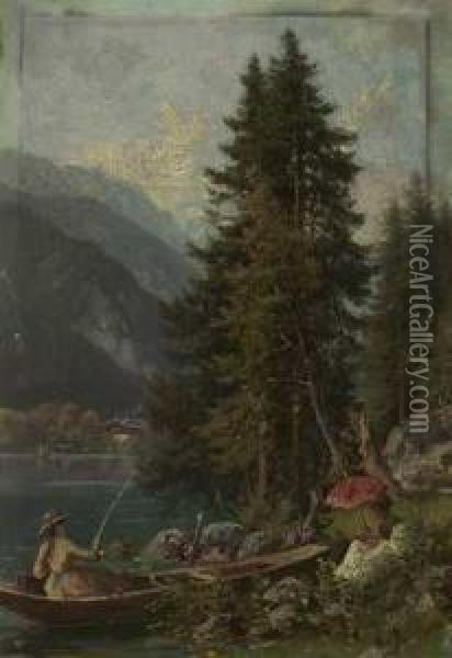 Junge Anglerin Am Ufer Eines Sommerlichen Gebirgssees Oil Painting - Ruppert Otto Von