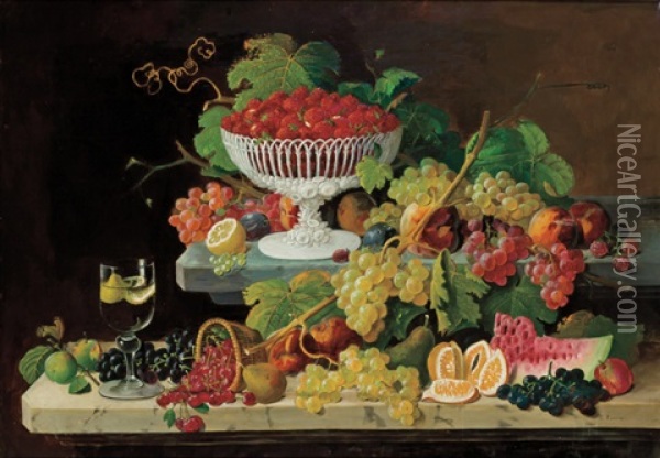 Still Life With Fruit On A Marbletop Oil Painting - Severin Roesen