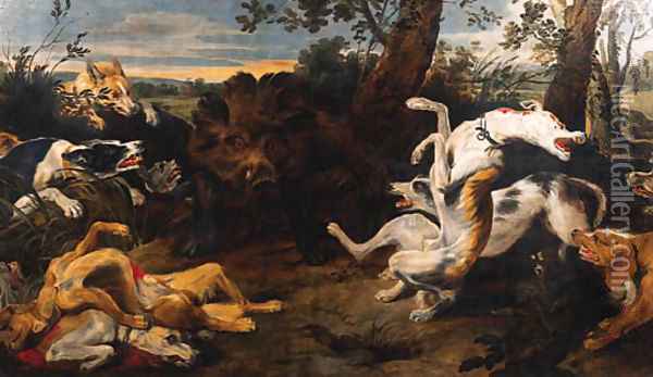 Hounds attacking a Boar Oil Painting - Frans Snyders