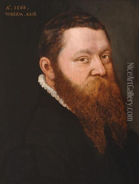 Portrait Of A Gentleman In A Black Coatwith A Lace Collar Oil Painting - Willem Key