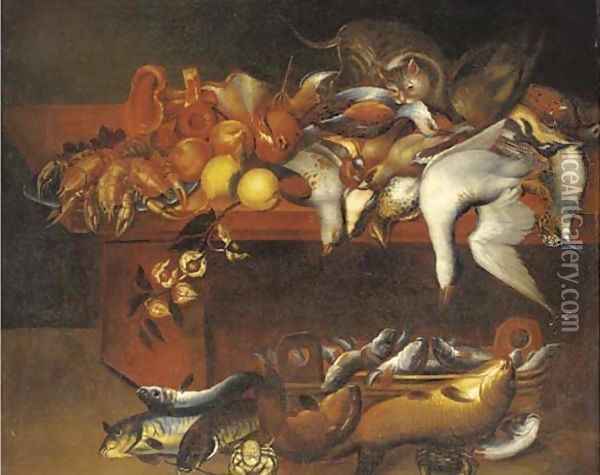 Dead game birds, fish, lobster, fruit and flowers with a cat on a table Oil Painting - Felice Boselli
