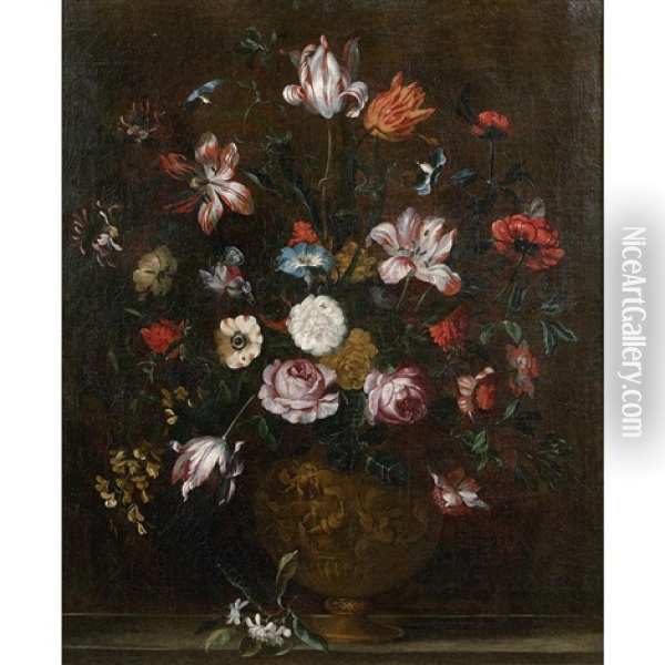 Bouquet De Fleurs Dans Un Vase Baroque Sur Un Etablement Oil Painting - Pieter Hardime