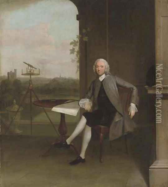 Portrait of Jonas Hanway, small full-length, seated at a table, beside a surveyor's theodolite and a classical urn, overlooking a landscape Oil Painting - Arthur Devis