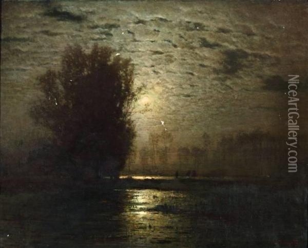 Maanlicht Over Waterlandschap Oil Painting - Louis, Carl Ludwig Douzette