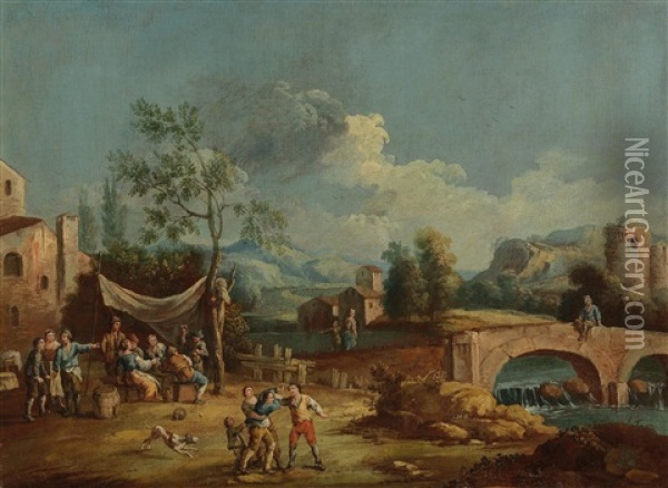 An Italianate River Landscape With Figures Merrymaking And Fighting Oil Painting - Giuseppe Zais