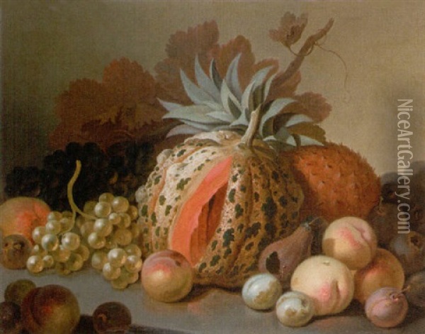 Still Life Of Fruit And A Melon Oil Painting - Moses Haughton the Elder