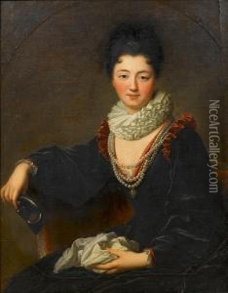 Portrait Of Madame Peletier Des 
Forts Seated In A Chair Wearing A Blue Velvet Red-trimmed Dress, A White
 Ruff And Pearls, Holding A Mask In Her Right Hand Oil Painting - Jean-Baptiste Santerre
