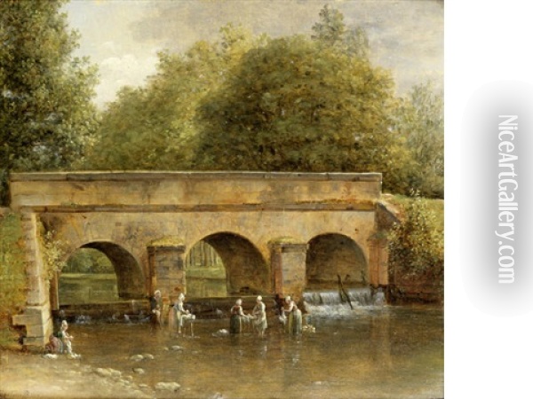 Washerwomen In A River Before A Bridge Oil Painting - Jean Victor Bertin