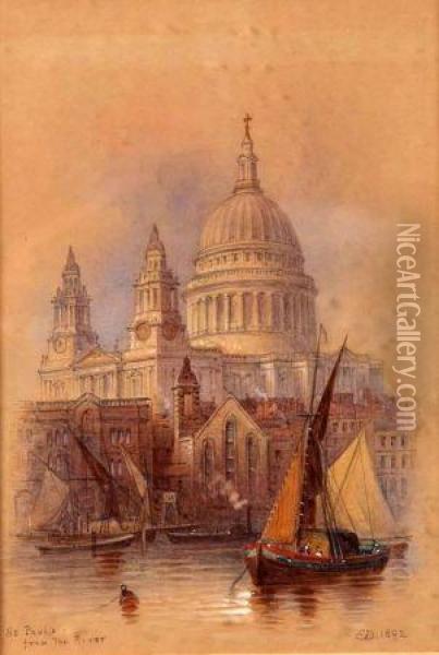 St Paul's From The River Oil Painting - Edwin Thomas Dolby