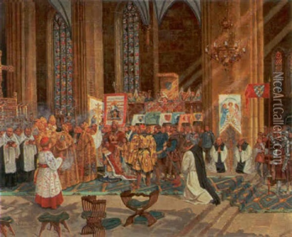 Kroningen Af Den 12 Arige Kong Valdemar, 1251 I Linkoping Oil Painting - Gustav Pontus Bagge