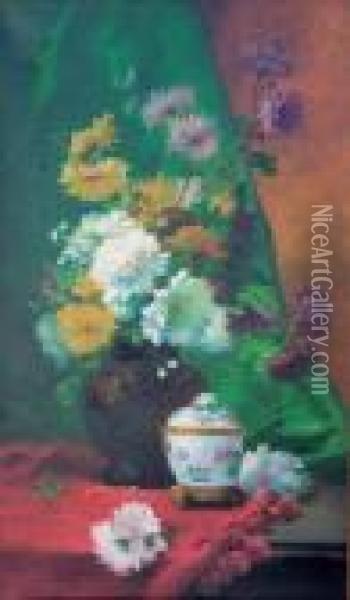 Bouquet De Fleurs Sur Un Entablement Oil Painting - Eugene Henri Cauchois