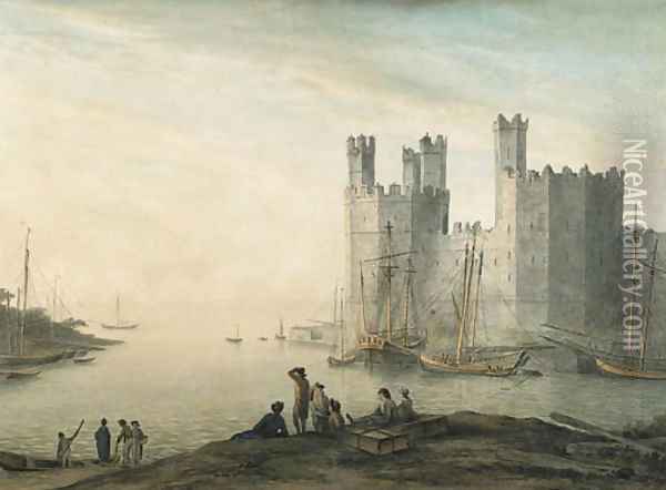 Caernarvon Castle, with boats and figures in the foreground Oil Painting - John Glover