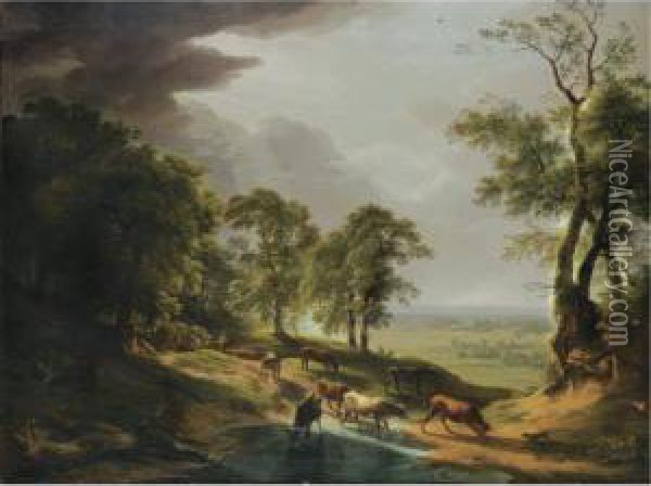 A Herd Of Cows Drinking From A Stream, An Extensive Landscape In The Valley Beyond Oil Painting - Hendrik Voogd