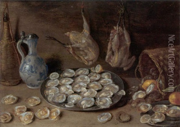 Still Life Of Oysters On Pewter Plates, Together With Lemons, An Orange, A Flask Of Wine, Poultry Hanging On The Wall Oil Painting - Jan van Kessel the Elder