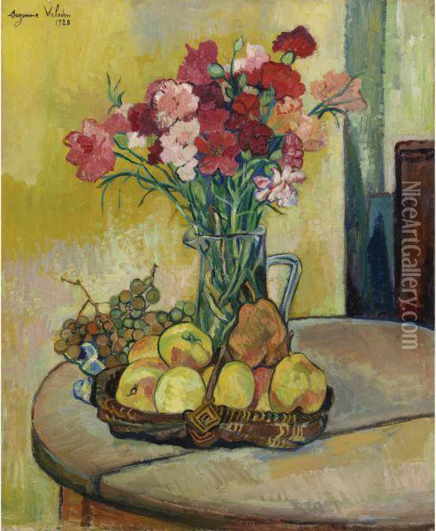 Nature Morte Au Panier De Pommes, Vase De Fleurs, Et Raisins Oil Painting - Suzanne Valadon