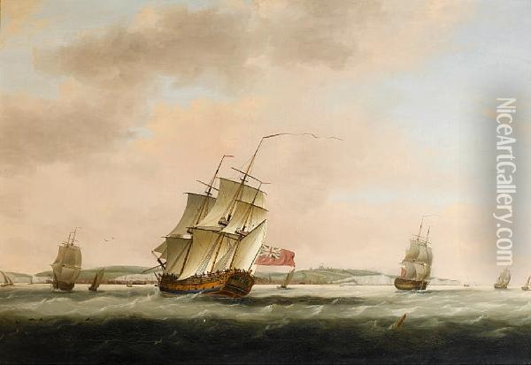 A Fifth Rate Of 44 Guns In Two Positions Offdover With Other Shipping Nearby Oil Painting - Thomas Luny