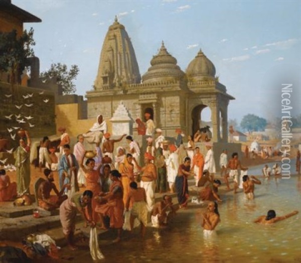 Worshipers At The Trimbakeshwar Temple In The Town Of Trimbak, In The Nasik District Of Maharashtra Dedicated To Lord Shiva Oil Painting - Horace Van Ruith