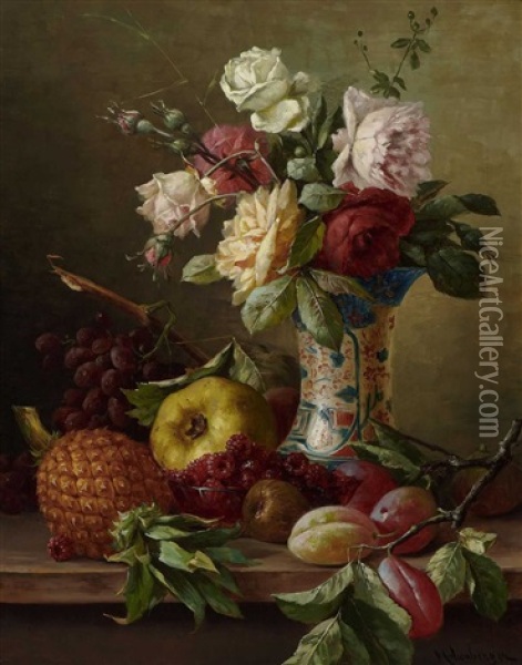 Stillleben Mit Blumen Und Fruchten Oil Painting - Franz Hohenberger