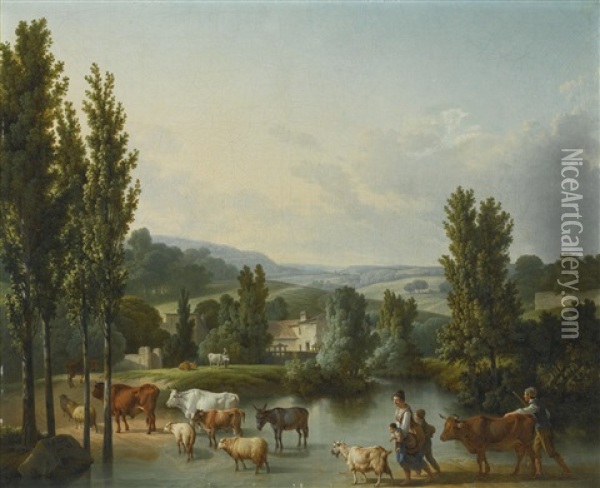 A Shepherd And His Family With Their Livestock Fording A Stream In An Extensive Landscape Oil Painting - Jean Baptiste Huet