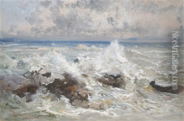 Waves Crashing On The Rocks At Bordighera Oil Painting - Pompeo Mariani
